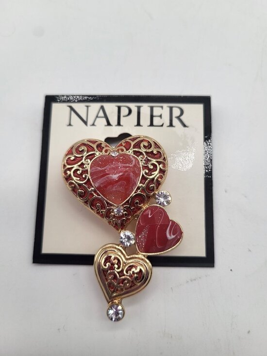 Napier Jewelry - Napier Triple Heart Brooch Pin Red Stones Valentines Love Gold Tone